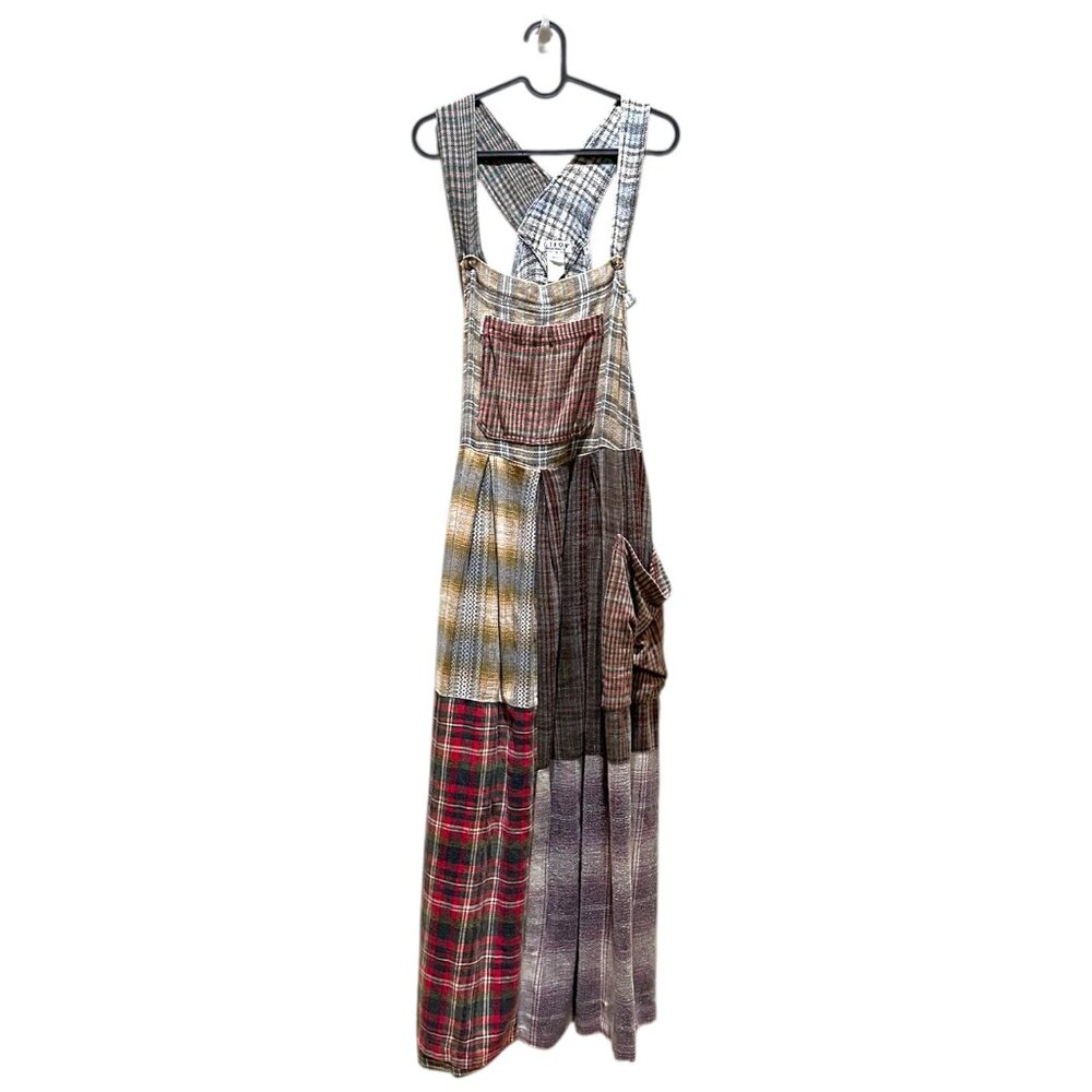 Vintage Cottagecore Whimsigoth Retro Plaid Patchwork Cotton Overall Maxi Dress